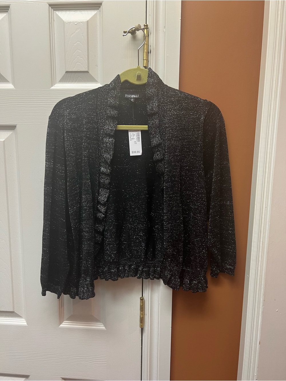 Roz & Ali Black Metallic Open-Front Ruffle Cardigan